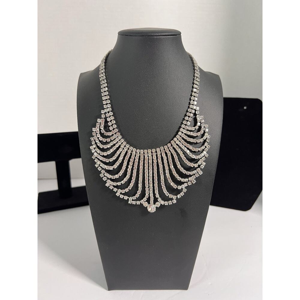 Vtg. Style Rhinestone Bib Necklace Art Deco Fringe Statement Crystal Collar 14”L